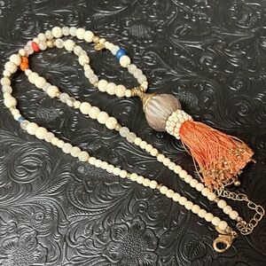 Chico's Orange Tasseled Cream and Orange Beaded Necklace